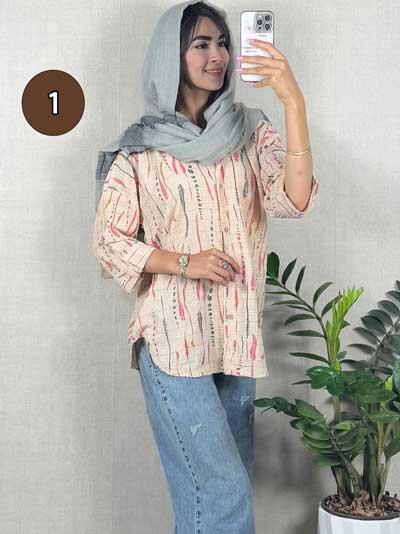 شومیز طرح دار آستین پاکتی نخی