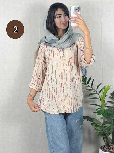 شومیز طرح دار آستین پاکتی نخی