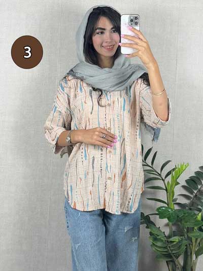 شومیز طرح دار آستین پاکتی نخی