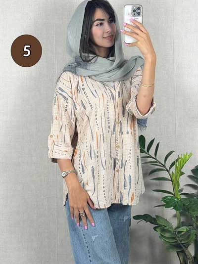 شومیز طرح دار آستین پاکتی نخی