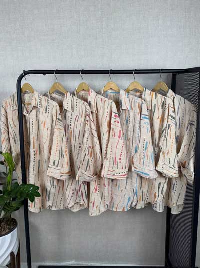 شومیز طرح دار آستین پاکتی نخی